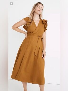 Madewell Linen Wrap Midi Dress Yellow S